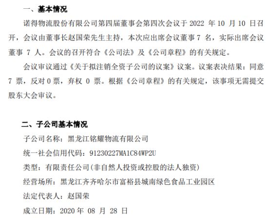 平博 PINNACLE平博诺得物流拟注销全资子公司黑龙江铭耀